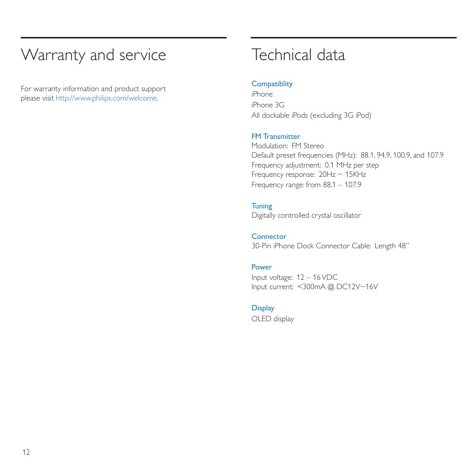 Warranty and service, Technical data | Philips TransDock micro User Manual | Page 12 / 212