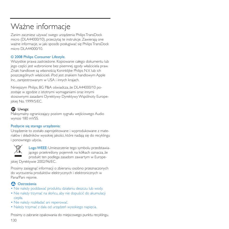 Ważne informacje | Philips TransDock micro User Manual | Page 130 / 212