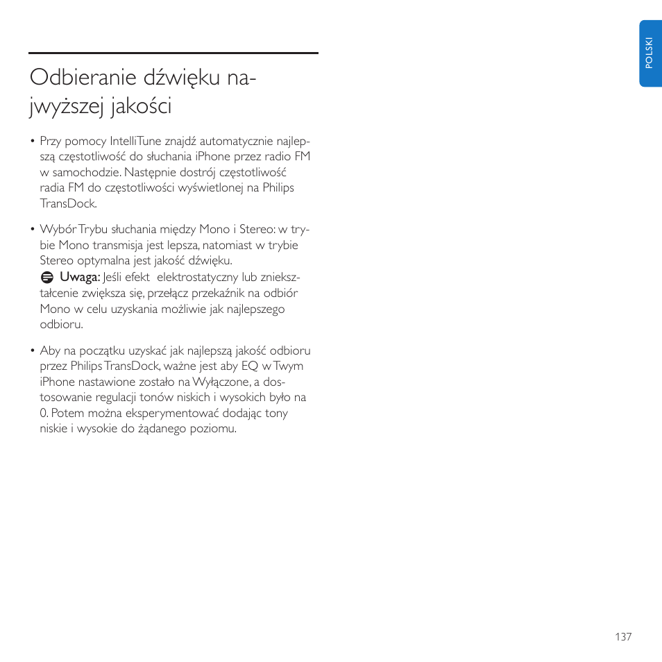 Odbieranie dźwięku na- jwyższej jakości | Philips TransDock micro User Manual | Page 137 / 212