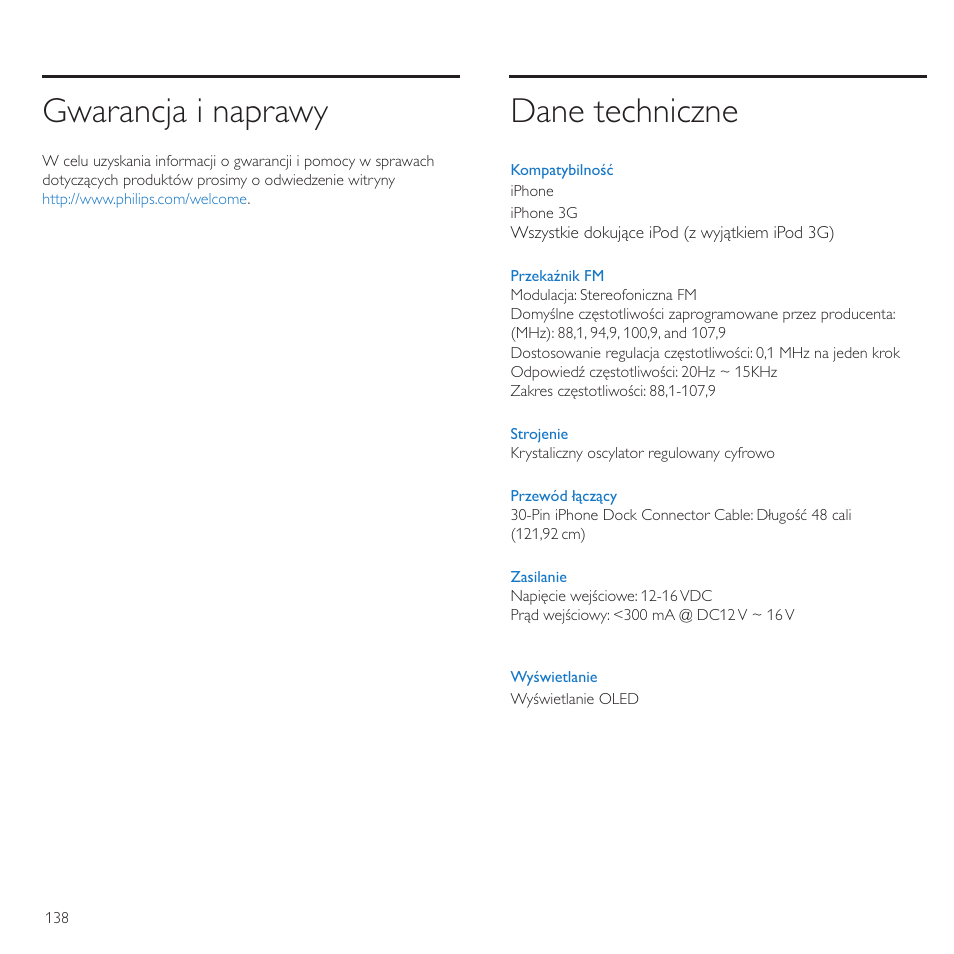 Gwarancja i naprawy, Dane techniczne | Philips TransDock micro User Manual | Page 138 / 212