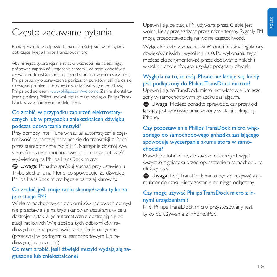 Często zadawane pytania | Philips TransDock micro User Manual | Page 139 / 212