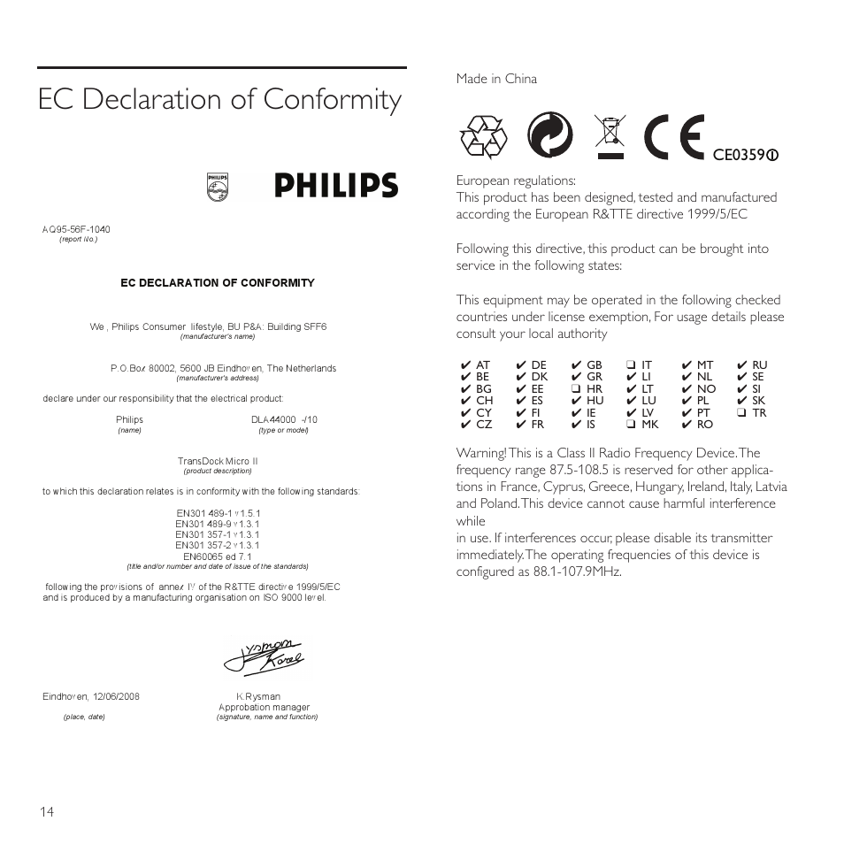 Ec declaration of conformity, Ce0359 | Philips TransDock micro User Manual | Page 14 / 212