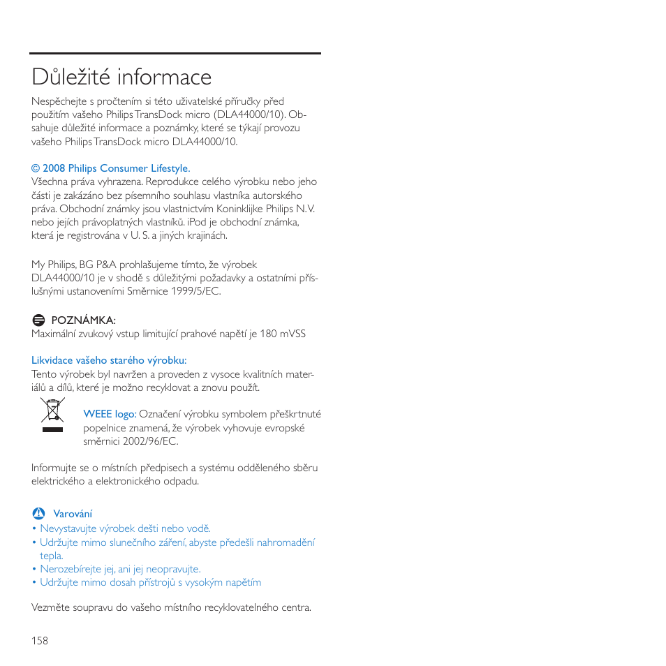 Důležité informace | Philips TransDock micro User Manual | Page 158 / 212
