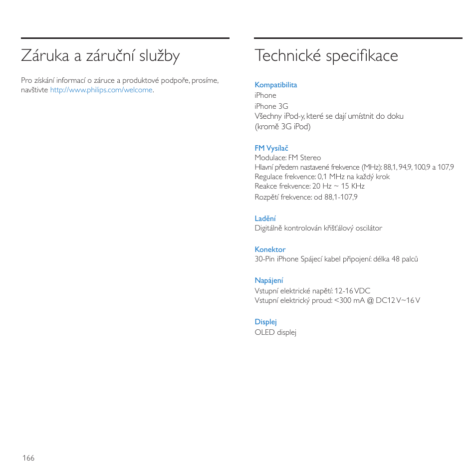 Záruka a záruční služby, Technické speciﬁkace | Philips TransDock micro User Manual | Page 166 / 212