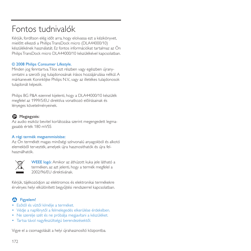 Fontos tudnivalók | Philips TransDock micro User Manual | Page 172 / 212