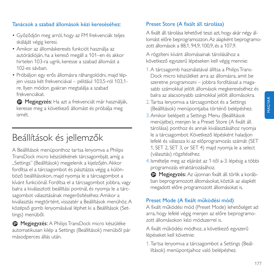 Beállítások és jellemzők | Philips TransDock micro User Manual | Page 177 / 212