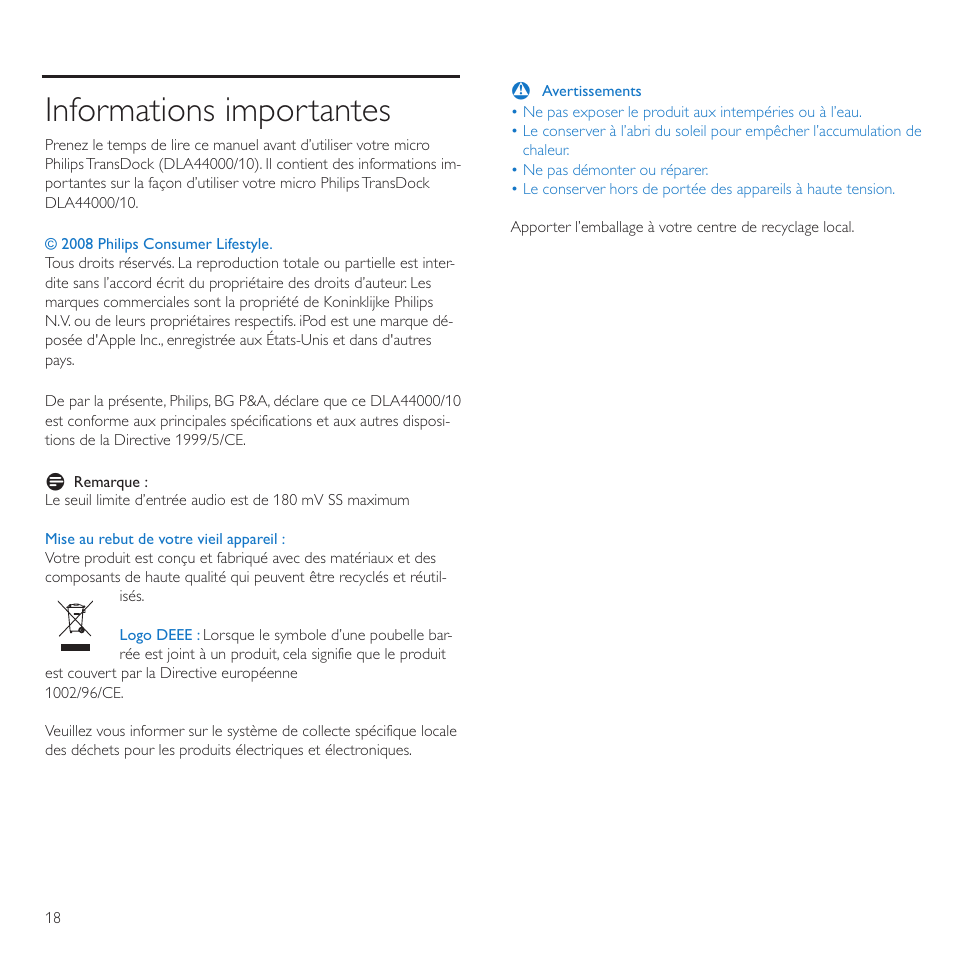 Informations importantes | Philips TransDock micro User Manual | Page 18 / 212