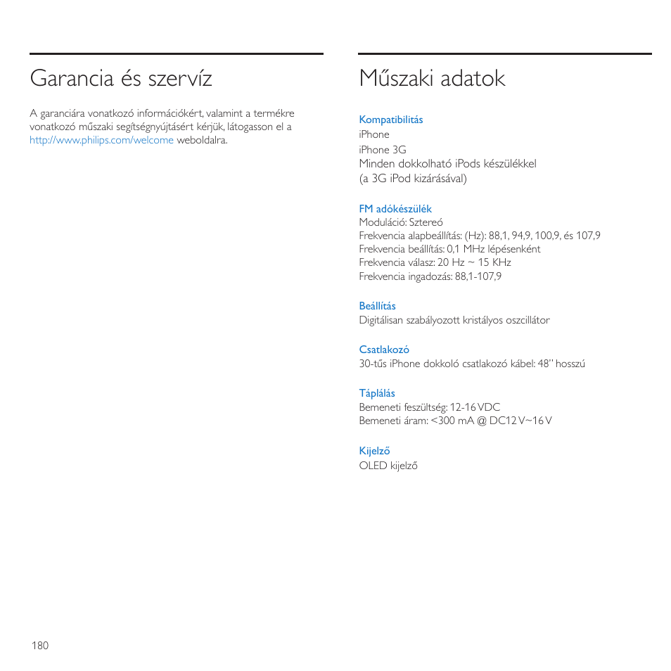 Garancia és szervíz, Műszaki adatok | Philips TransDock micro User Manual | Page 180 / 212