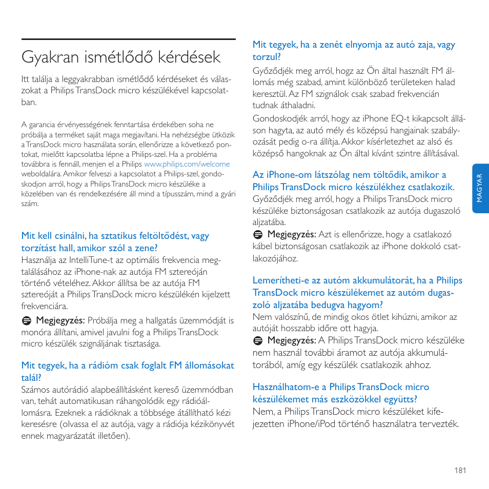 Gyakran ismétlődő kérdések | Philips TransDock micro User Manual | Page 181 / 212