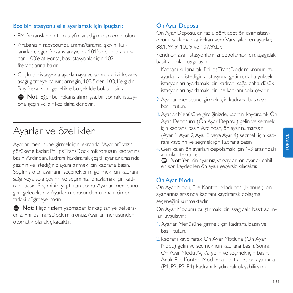 Ayarlar ve özellikler | Philips TransDock micro User Manual | Page 191 / 212