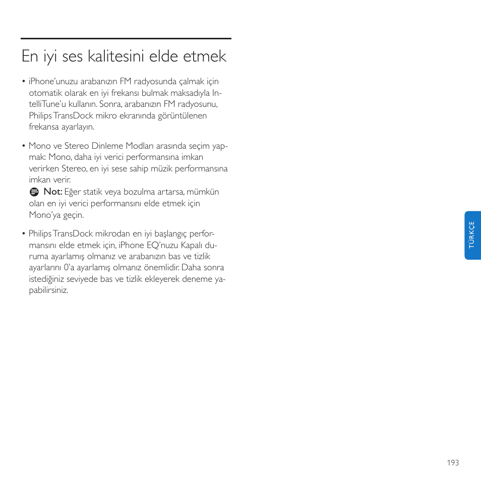 En iyi ses kalitesini elde etmek | Philips TransDock micro User Manual | Page 193 / 212