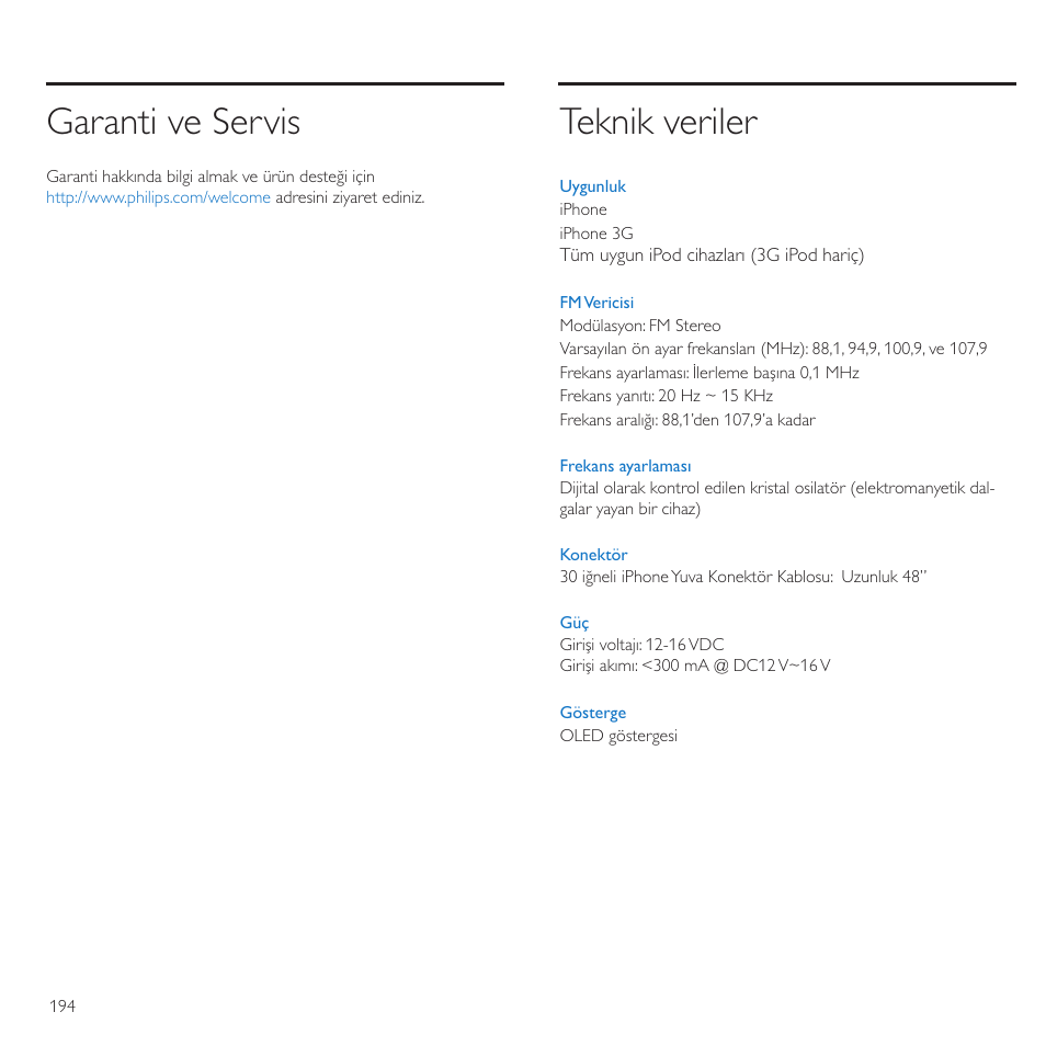 Garanti ve servis, Teknik veriler | Philips TransDock micro User Manual | Page 194 / 212