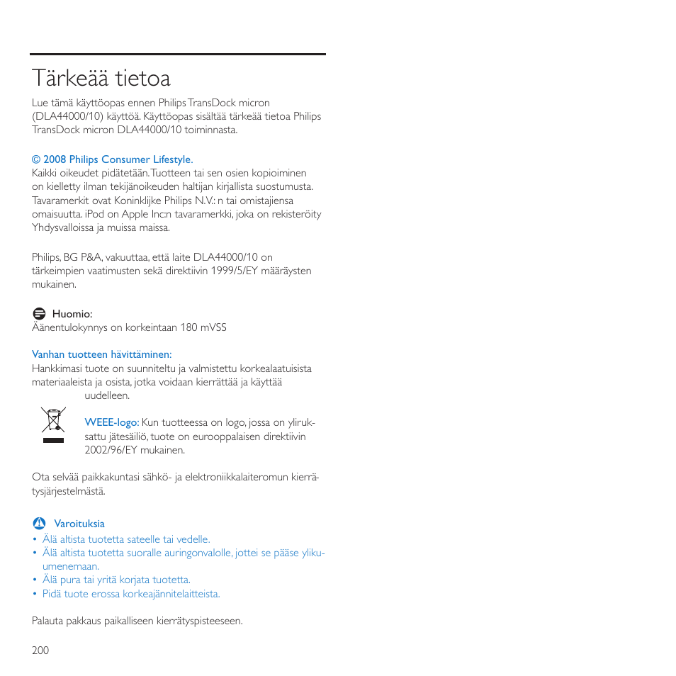 Tärkeää tietoa | Philips TransDock micro User Manual | Page 200 / 212