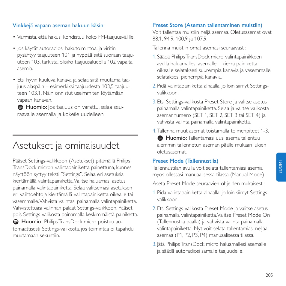 Asetukset ja ominaisuudet | Philips TransDock micro User Manual | Page 205 / 212