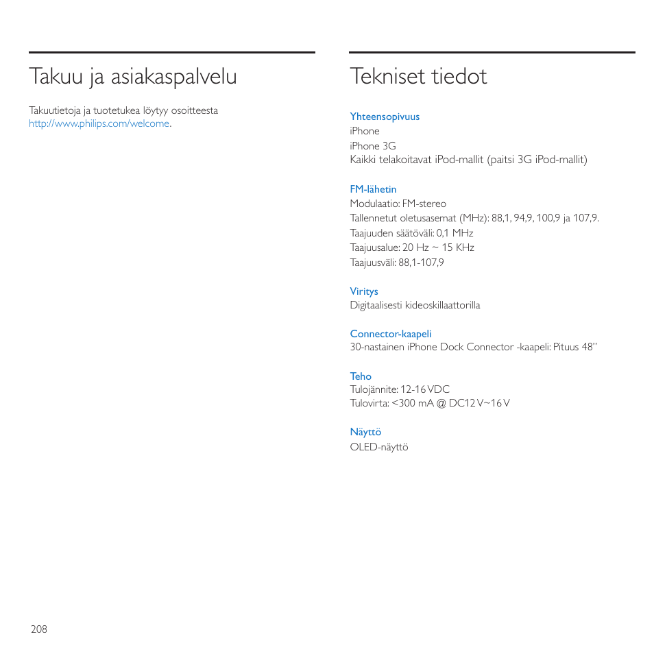 Takuu ja asiakaspalvelu, Tekniset tiedot | Philips TransDock micro User Manual | Page 208 / 212