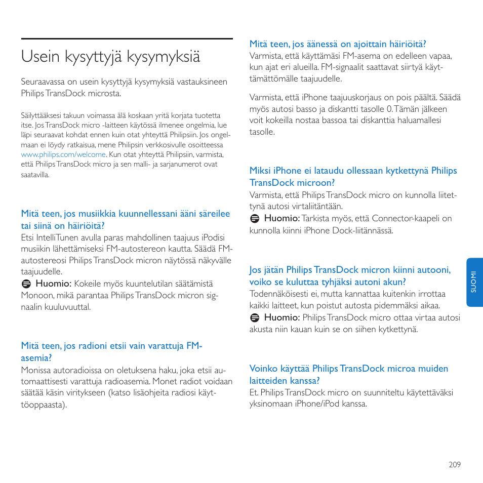 Usein kysyttyjä kysymyksiä | Philips TransDock micro User Manual | Page 209 / 212