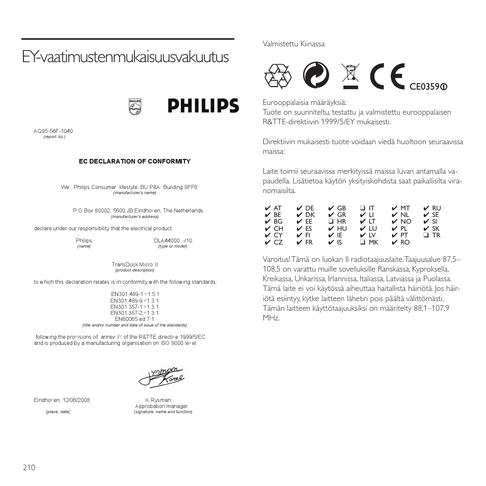 Ey-vaatimustenmukaisuusvakuutus, Ce0359 | Philips TransDock micro User Manual | Page 210 / 212