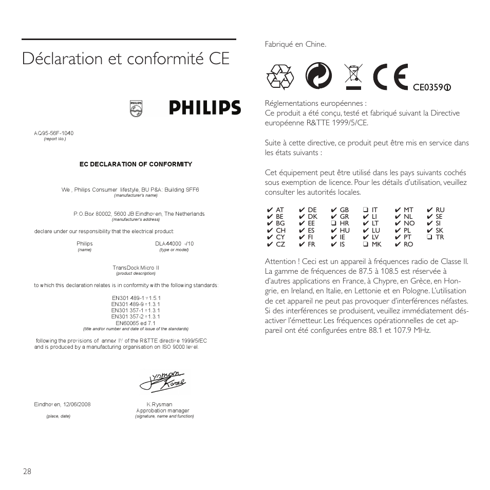 Déclaration et conformité ce, Ce0359 | Philips TransDock micro User Manual | Page 28 / 212