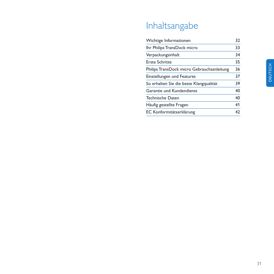 Inhaltsangabe | Philips TransDock micro User Manual | Page 31 / 212