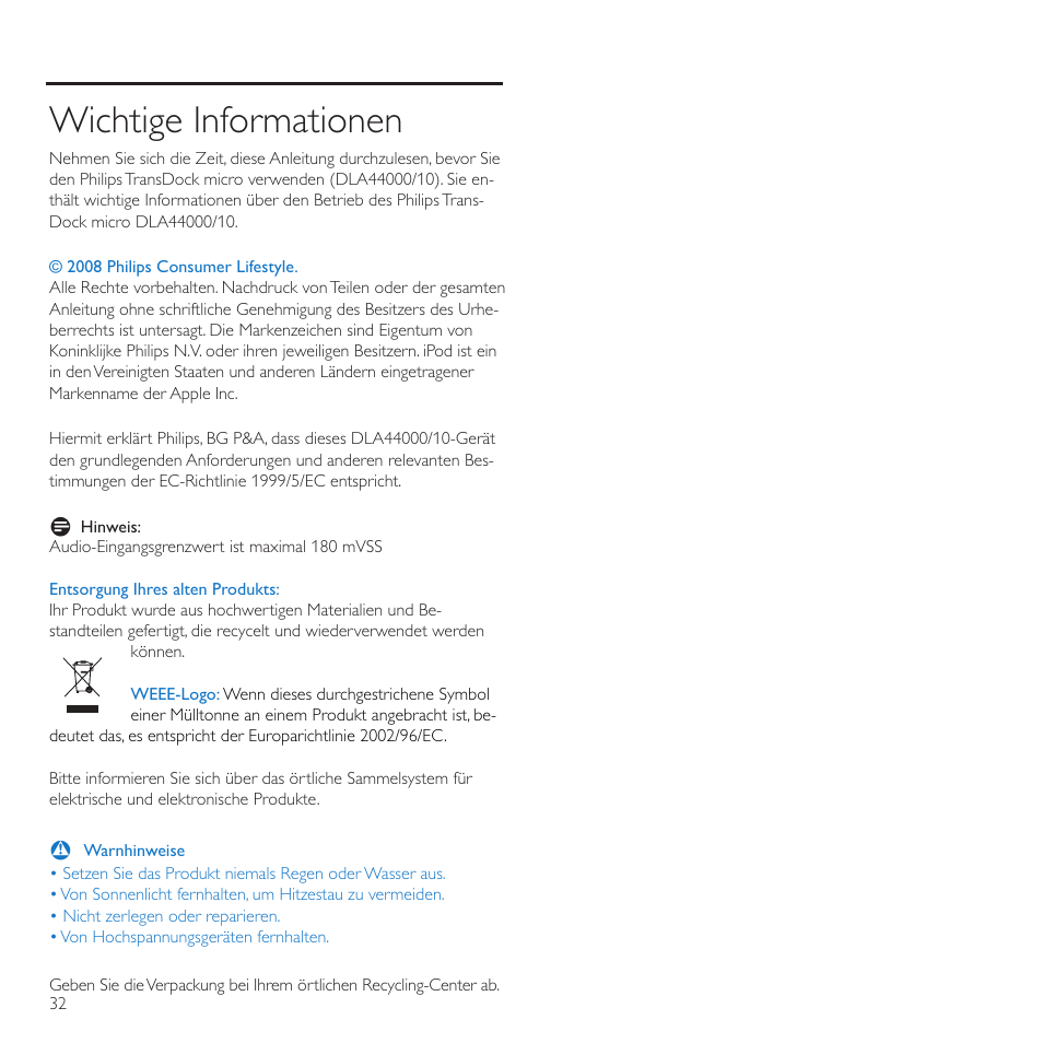 Wichtige informationen | Philips TransDock micro User Manual | Page 32 / 212