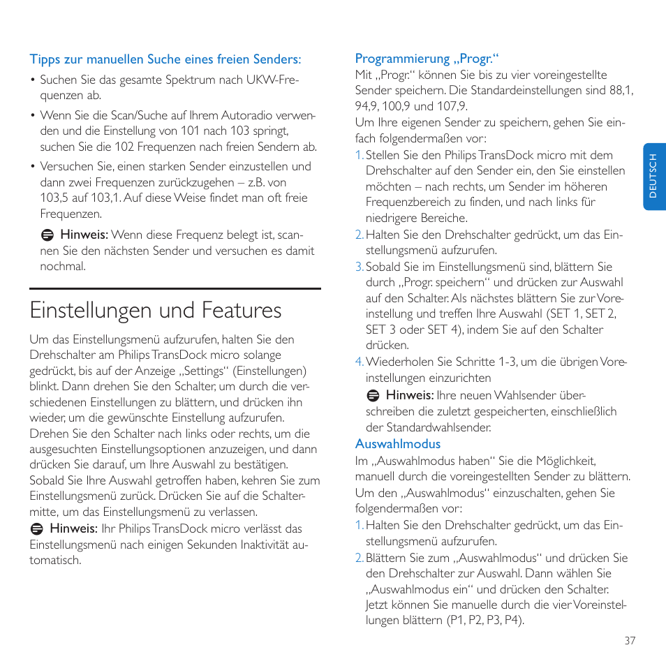 Einstellungen und features | Philips TransDock micro User Manual | Page 37 / 212