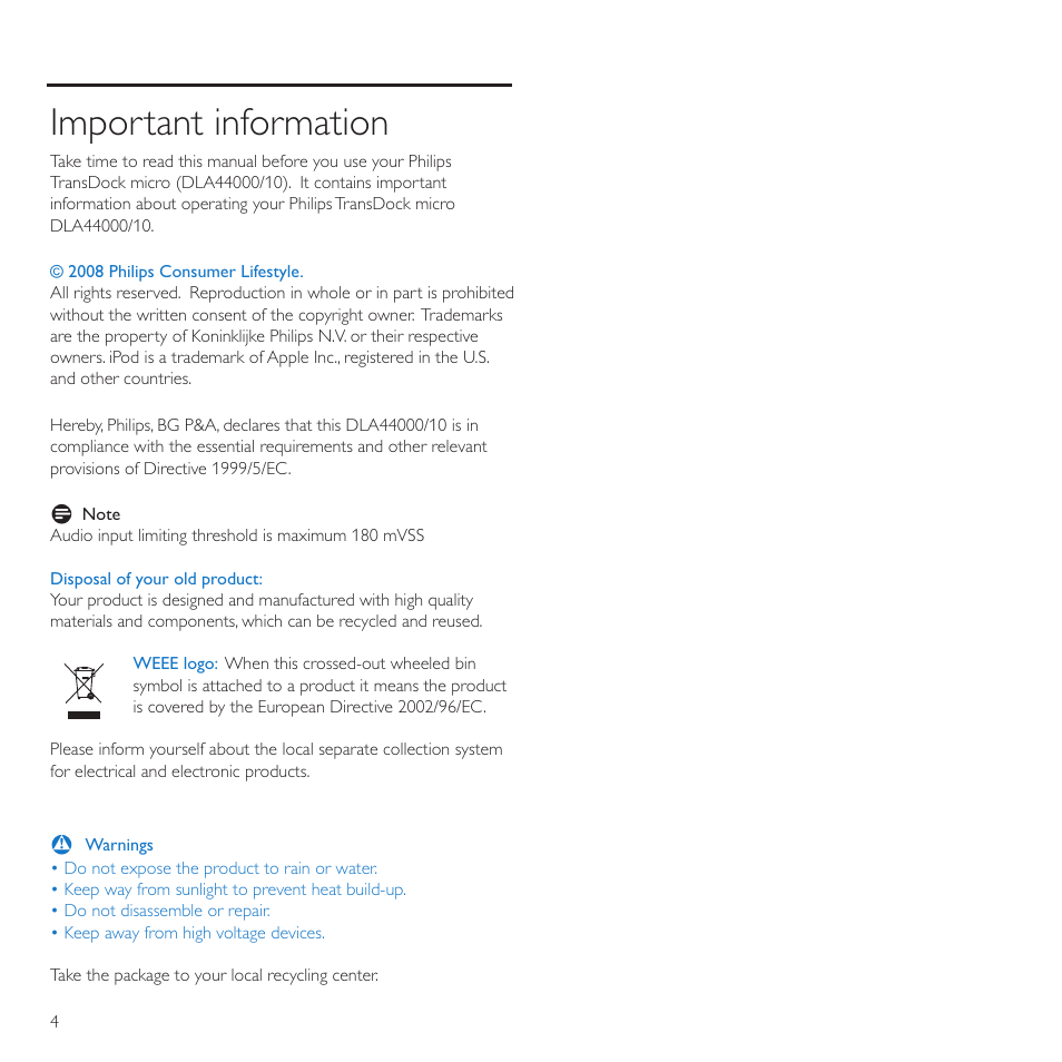 Important information | Philips TransDock micro User Manual | Page 4 / 212