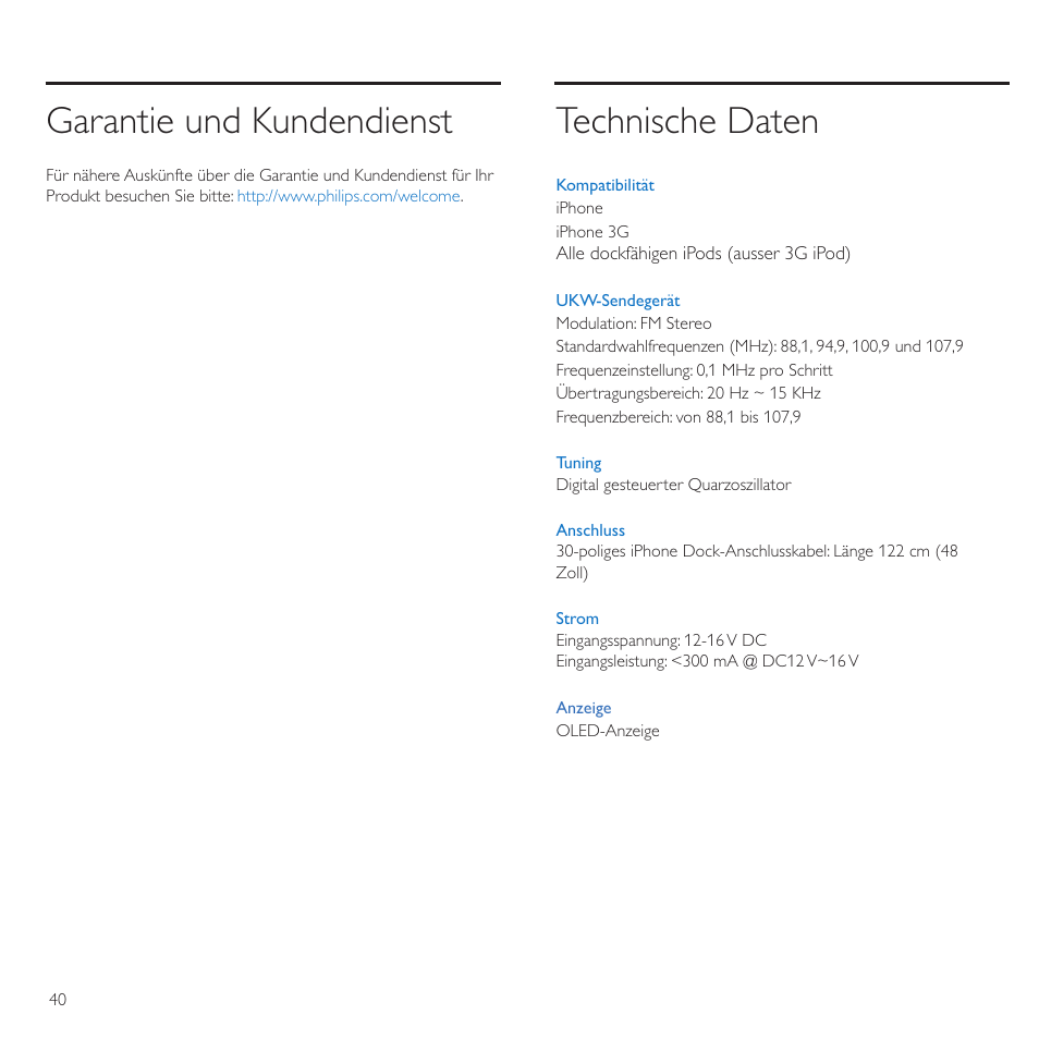 Garantie und kundendienst, Technische daten | Philips TransDock micro User Manual | Page 40 / 212