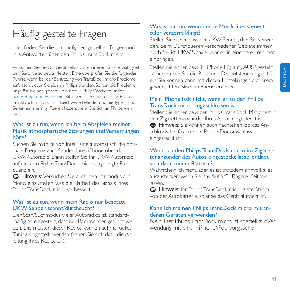 Häuﬁg gestellte fragen | Philips TransDock micro User Manual | Page 41 / 212