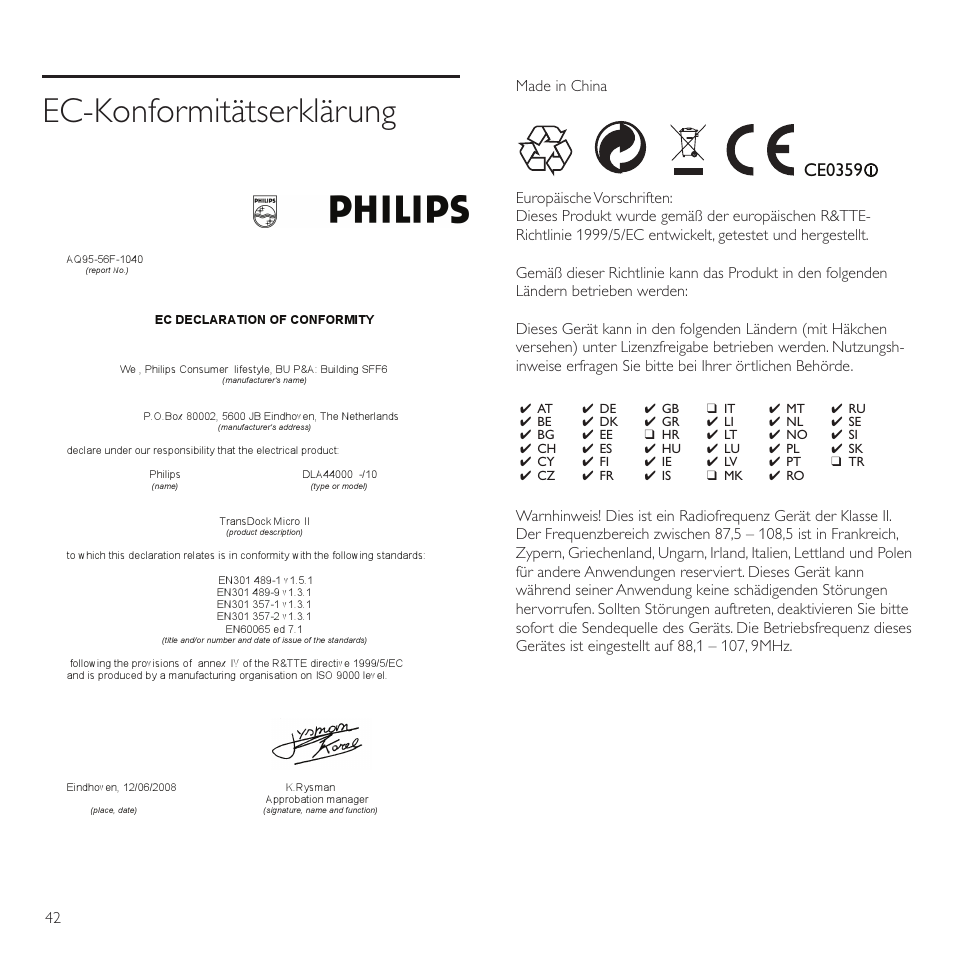 Ec-konformitätserklärung, Ce0359 | Philips TransDock micro User Manual | Page 42 / 212