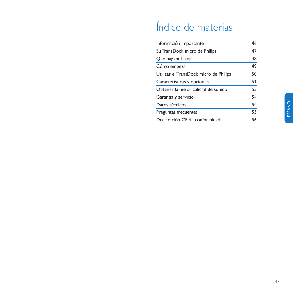 Índice de materias | Philips TransDock micro User Manual | Page 45 / 212