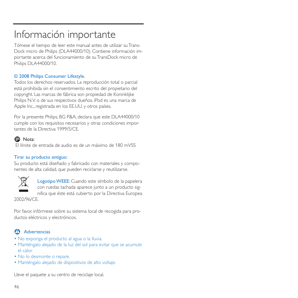 Información importante | Philips TransDock micro User Manual | Page 46 / 212