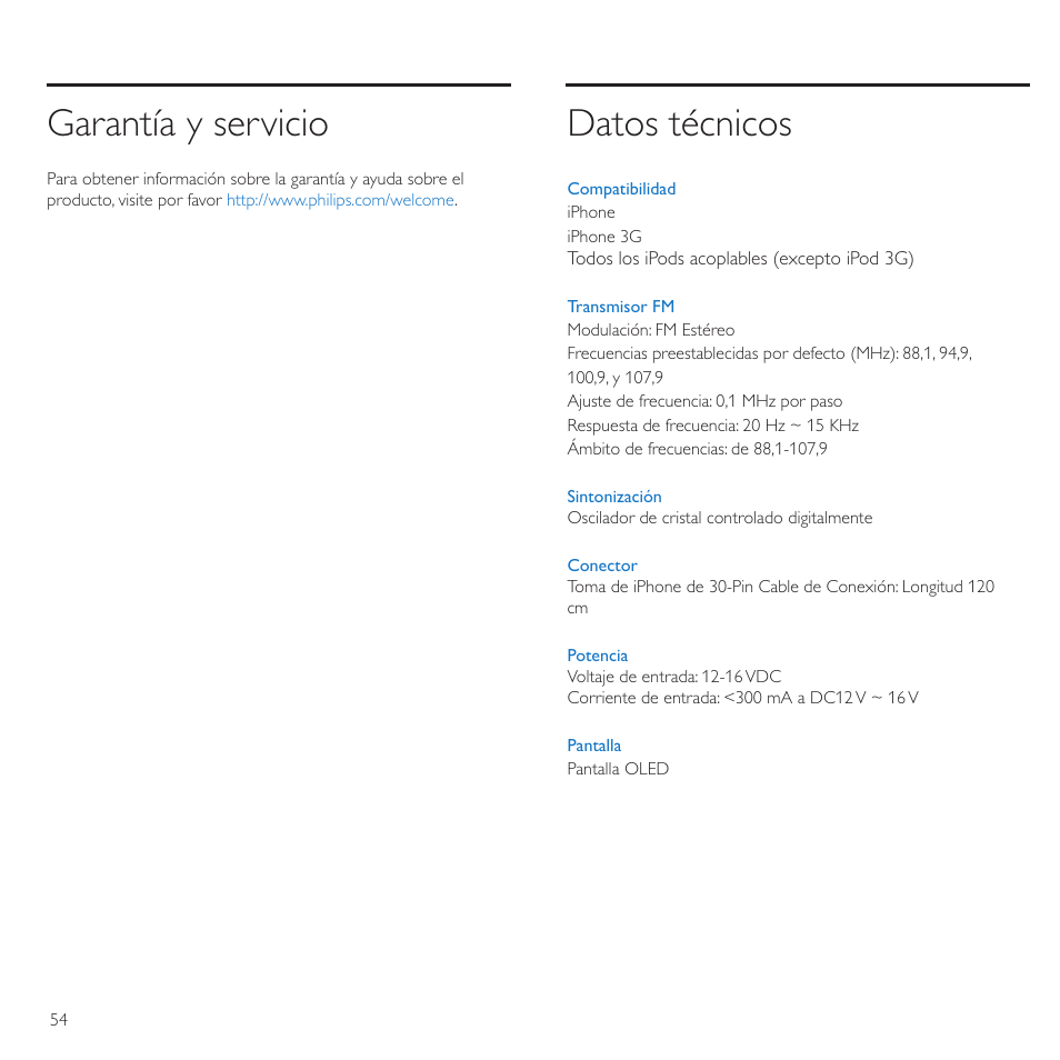 Garantía y servicio, Datos técnicos | Philips TransDock micro User Manual | Page 54 / 212