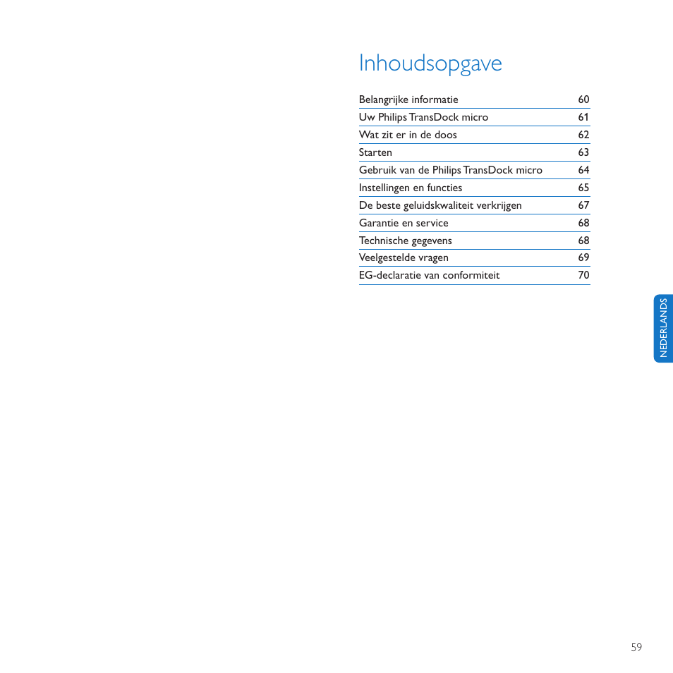 Inhoudsopgave | Philips TransDock micro User Manual | Page 59 / 212