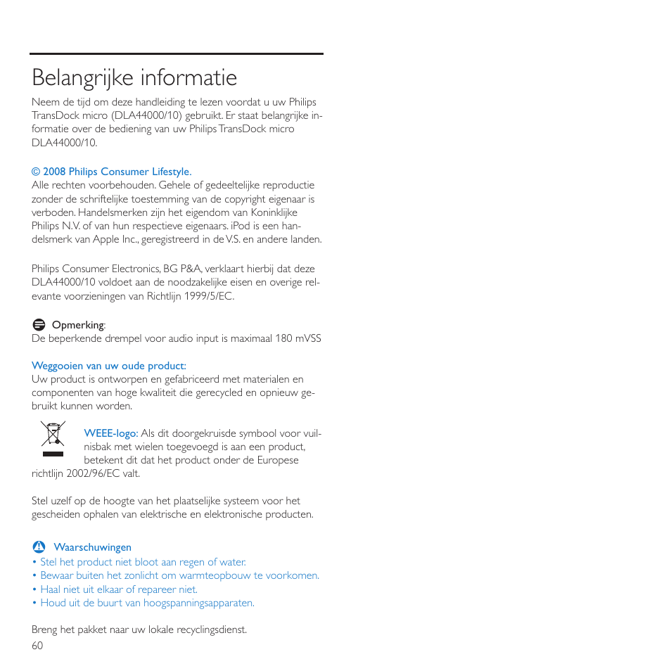 Belangrijke informatie | Philips TransDock micro User Manual | Page 60 / 212