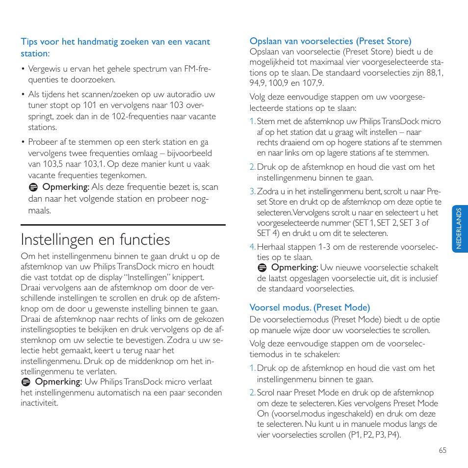 Instellingen en functies | Philips TransDock micro User Manual | Page 65 / 212