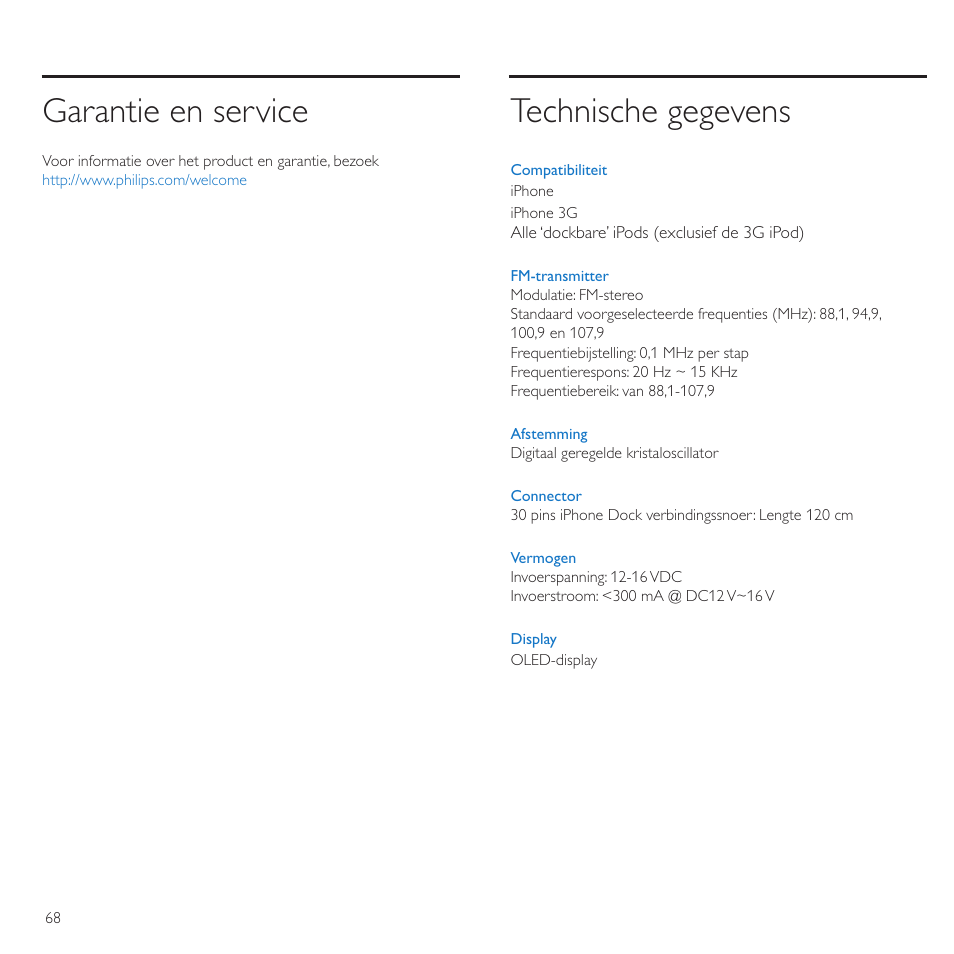 Garantie en service, Technische gegevens | Philips TransDock micro User Manual | Page 68 / 212