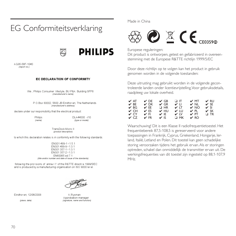 Eg conformiteitsverklaring, Ce0359 | Philips TransDock micro User Manual | Page 70 / 212