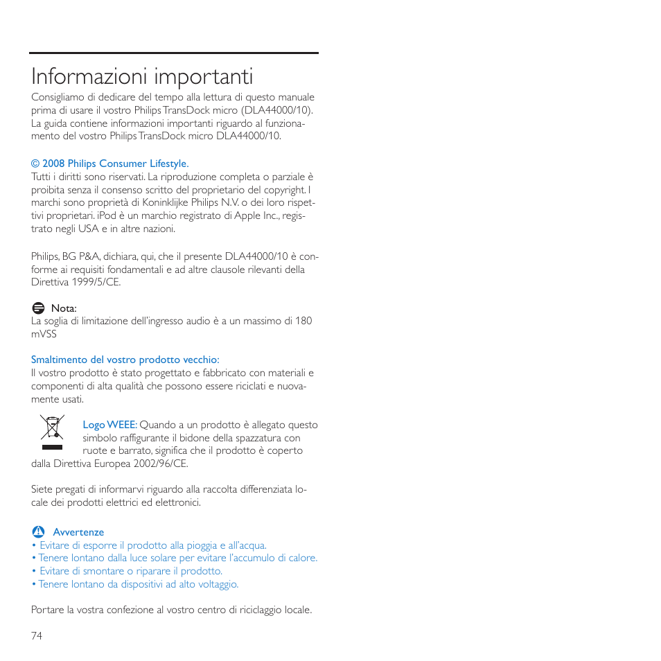 Informazioni importanti | Philips TransDock micro User Manual | Page 74 / 212