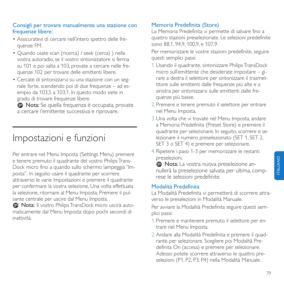 Impostazioni e funzioni | Philips TransDock micro User Manual | Page 79 / 212