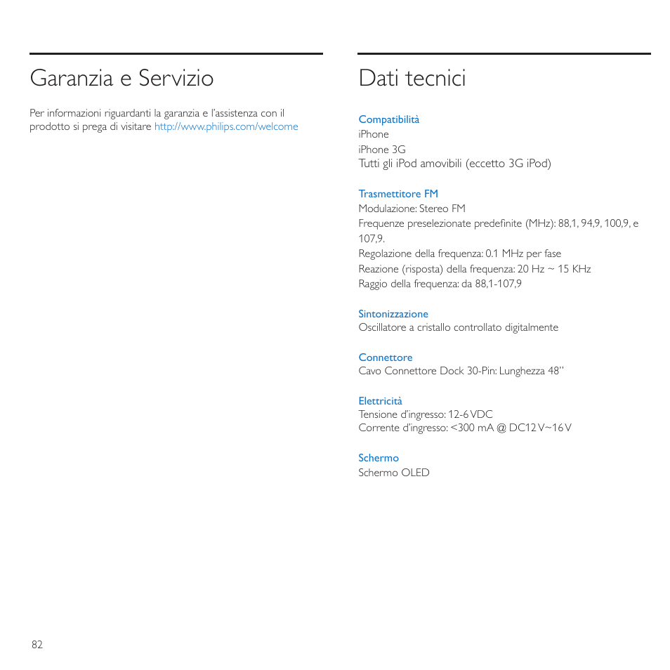 Garanzia e servizio, Dati tecnici | Philips TransDock micro User Manual | Page 82 / 212