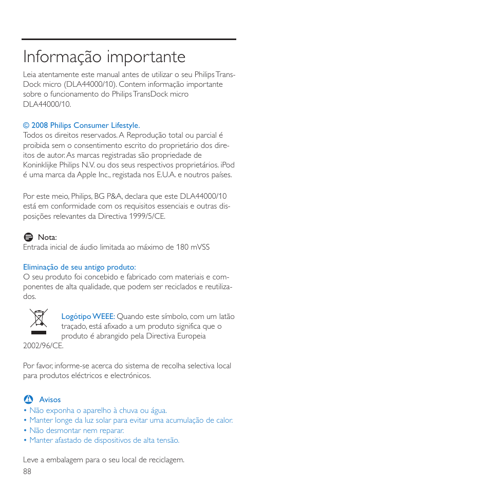 Informação importante | Philips TransDock micro User Manual | Page 88 / 212