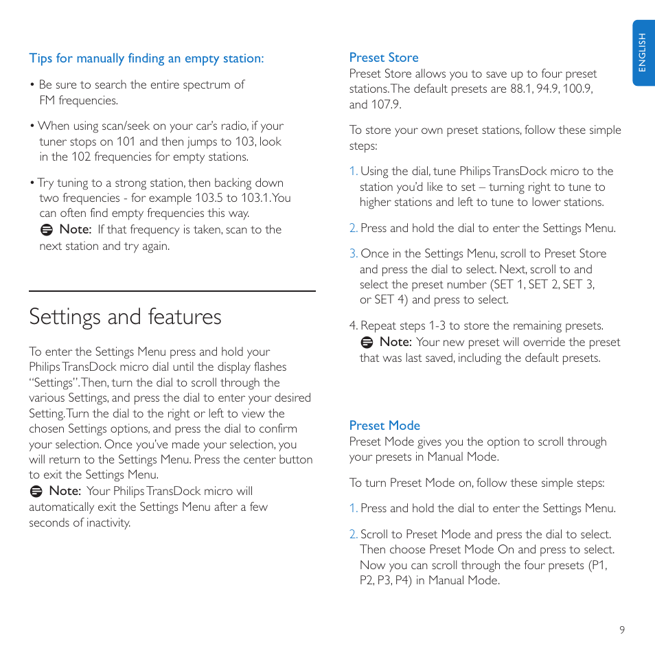 Settings and features | Philips TransDock micro User Manual | Page 9 / 212