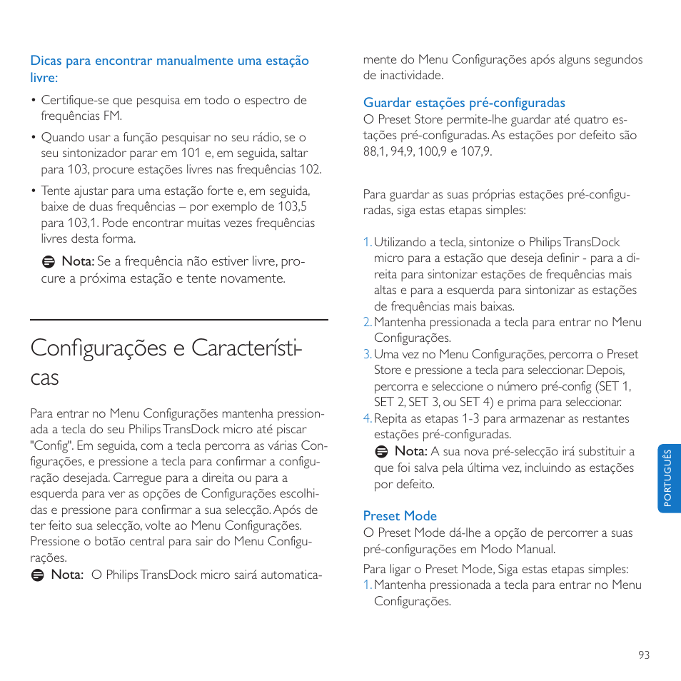 Conﬁgurações e característi- cas | Philips TransDock micro User Manual | Page 93 / 212