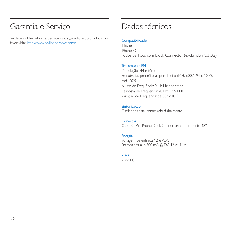 Garantia e serviço, Dados técnicos | Philips TransDock micro User Manual | Page 96 / 212