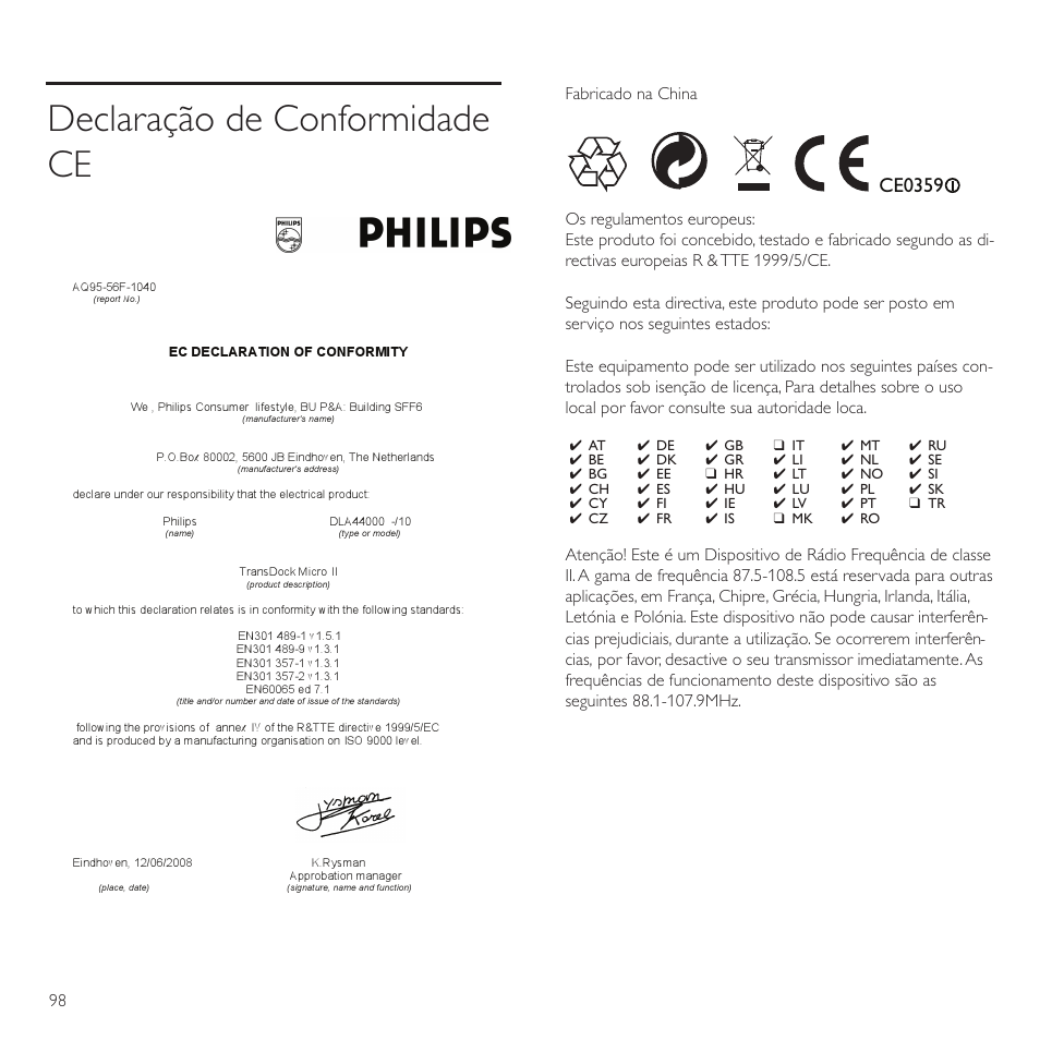 Declaração de conformidade ce, Ce0359 | Philips TransDock micro User Manual | Page 98 / 212