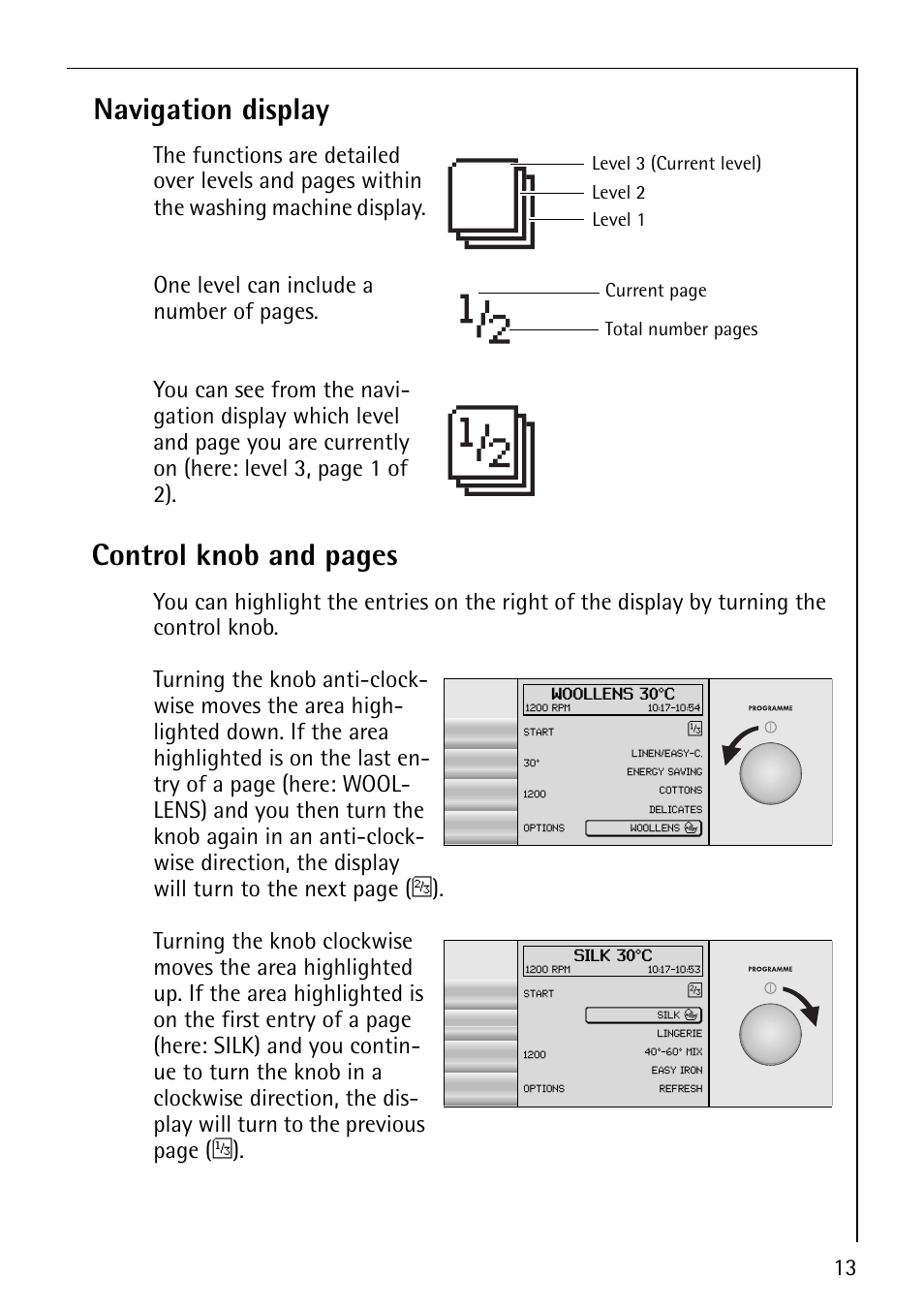 Navigation display, Control knob and pages | AEG REGINA 1850 User Manual | Page 13 / 68
