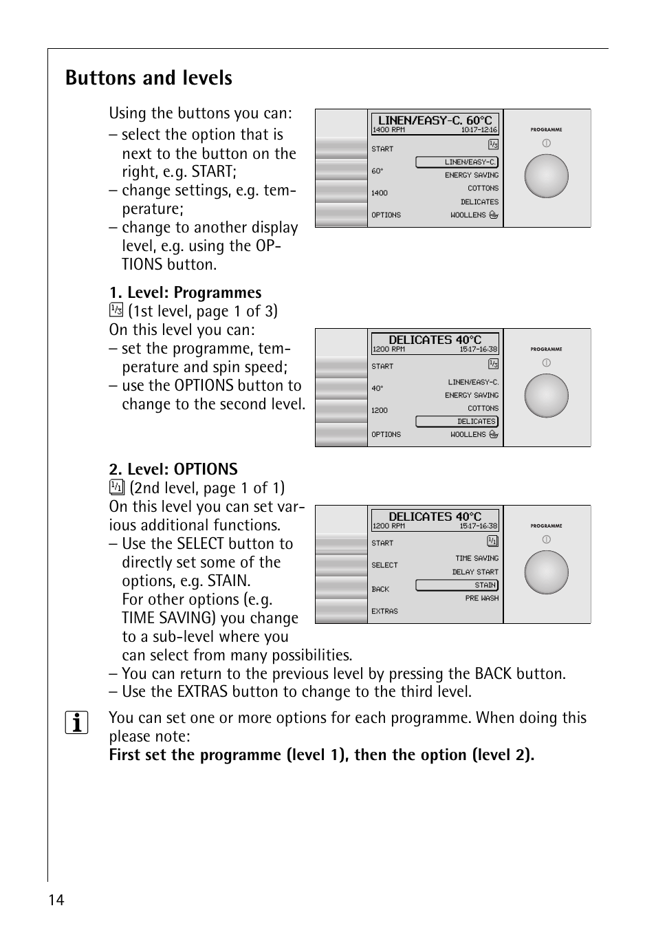 Buttons and levels | AEG REGINA 1850 User Manual | Page 14 / 68