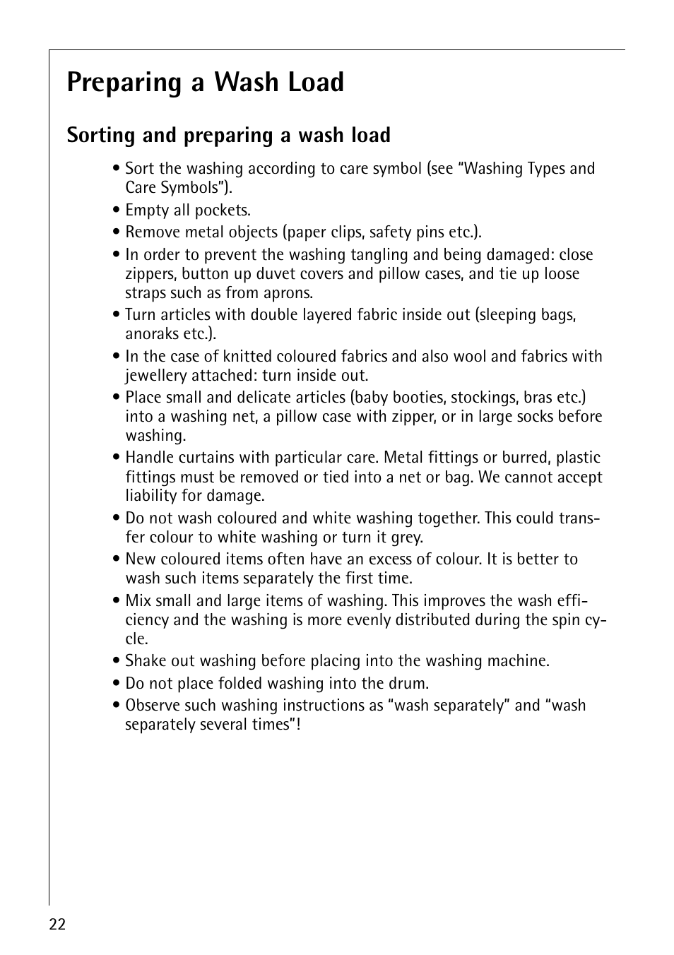 Preparing a wash load, Sorting and preparing a wash load | AEG REGINA 1850 User Manual | Page 22 / 68