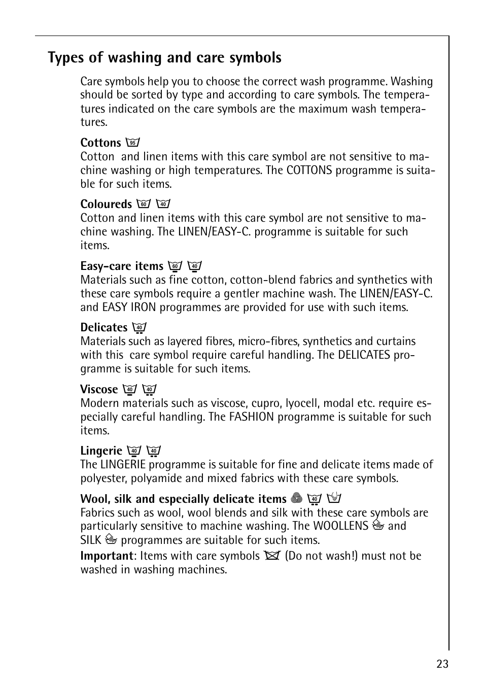 Types of washing and care symbols | AEG REGINA 1850 User Manual | Page 23 / 68