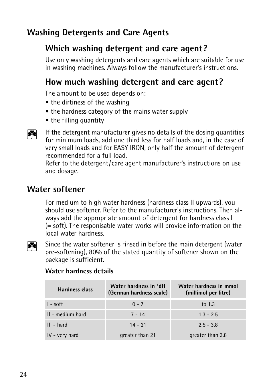 How much washing detergent and care agent, Water softener | AEG REGINA 1850 User Manual | Page 24 / 68